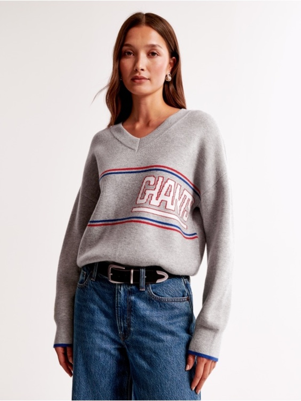Abercrombie & Fitch Gray V-Neck Sweater with Red & Blue Stripe